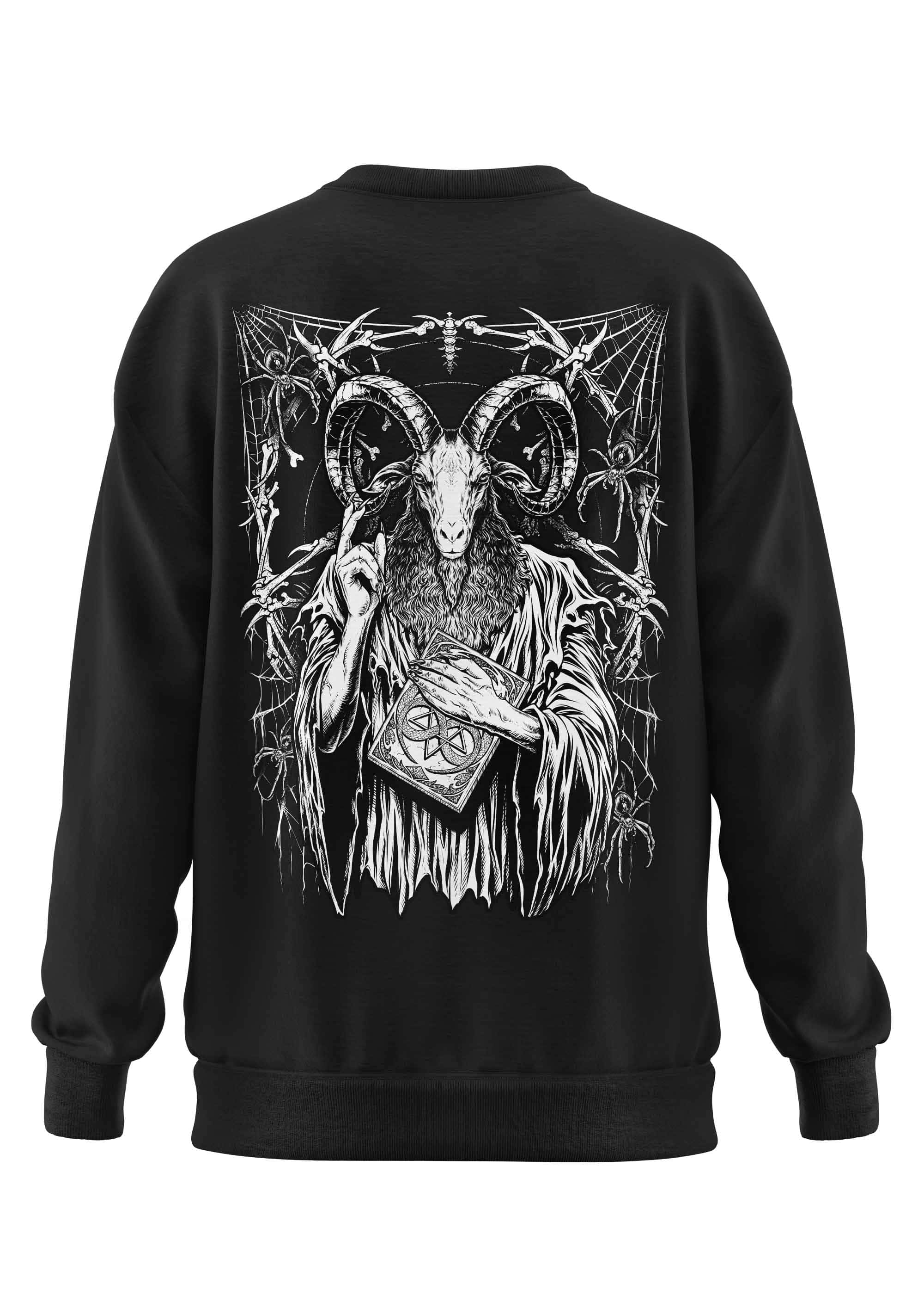 Schwarzes schweres unisex-sweatshirt mit weißem baphomets feast line-art grafik aus recyceltem polyester